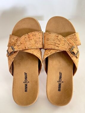 Minnetonka Natural Cork Cross Strap Slide Sandals Size 7